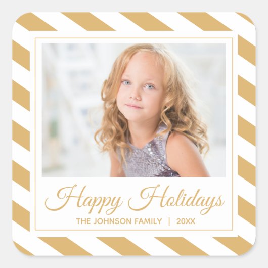 Sticker Carré Gold Stripe Happy Holidays Photo (Devant)