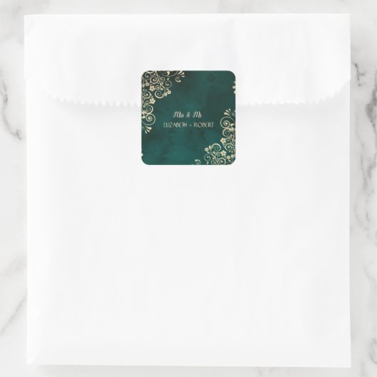 Sticker Carré Gold Swirls Emerald Green Wedding  (Sac)