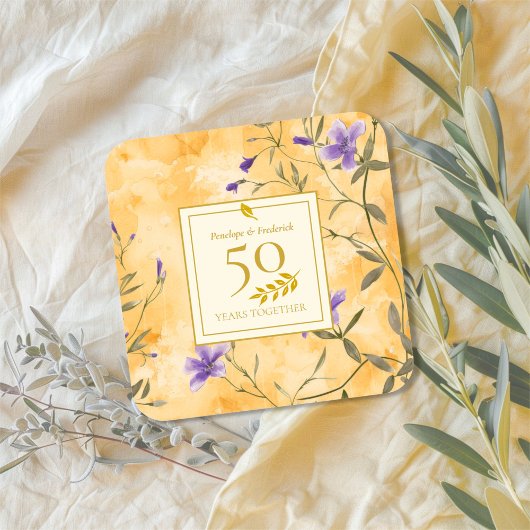 Sticker Carré Gold Violets Floral 50e anniversaire Mariage