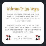Sticker Carré Gold Welcome to Las Vegas Mariage Welcome Basket<br><div class="desc">Se marier à Las Vegas ? Ces autocollants d'accueil dorés et blancs complètent parfaitement le panier d'accueil de votre hôtel. Personnalisez avec votre propre texte sincère.</div>