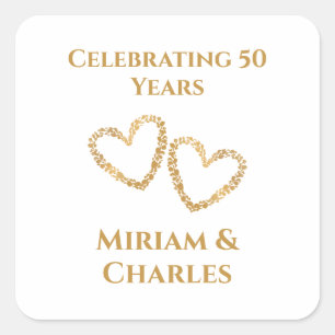 Sticker Carré Golden 50th Mariage Anniversaire Coeur personnalis
