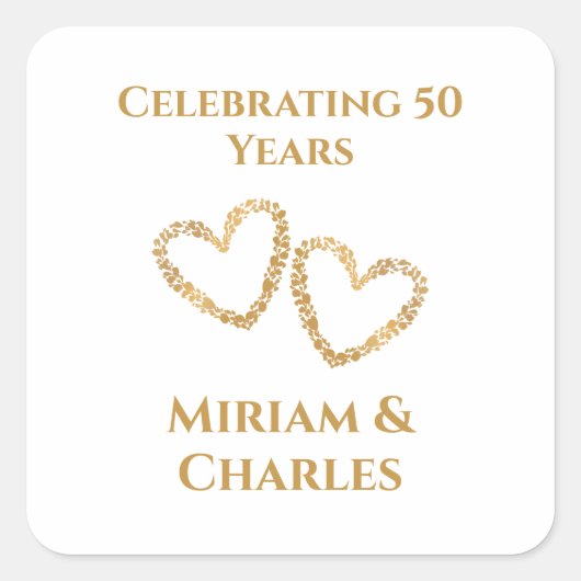Sticker Carré Golden 50th Mariage Anniversaire Coeur personnalis (Devant)