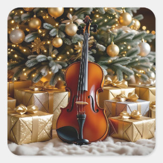 Sticker Carré Golden Christmas Tree, Gifts and Violin