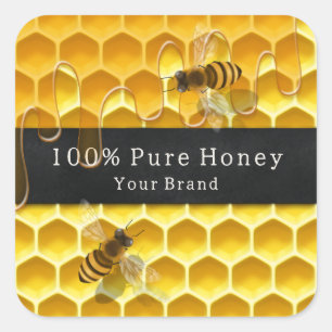 Sticker Carré Golden Honeycomb & Honey Flying Bees Texte personn