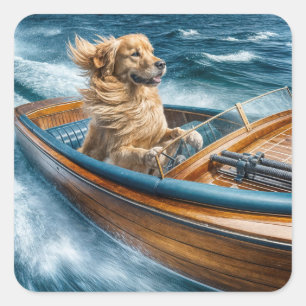 Sticker Carré Golden Retriever à bord d'un bateau en bois
