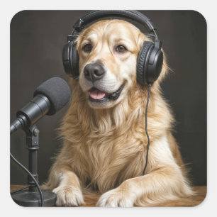 Sticker Carré Golden Retriever animant un podcast