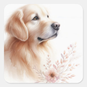 Sticker Carré Golden Retriever Avec Fleurs Aquarelle