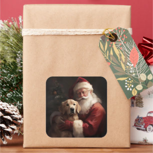 Sticker Carré Golden Retriever avec le Père Noël Noël
