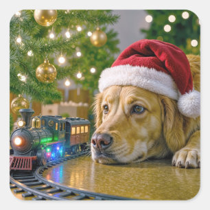 Sticker Carré Golden Retriever de Noël regardant un train jouet