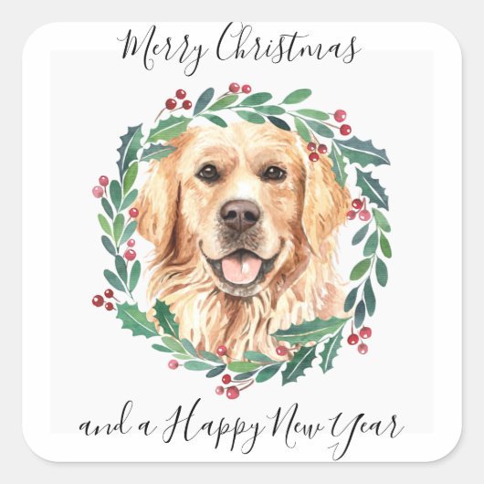 Sticker Carré Golden Retriever Elegant Chien Joyeux Noël (Devant)