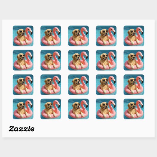 Sticker Carré Golden Retriever Floating On a Flamingo Pool Toy (Feuille)