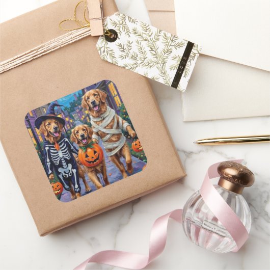 Sticker Carré Golden Retriever Halloween ou Trick-or-Treating (Cadeaux)