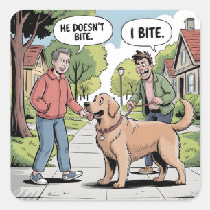 Sticker Carré Golden Retriever je mords drôle Cartoon