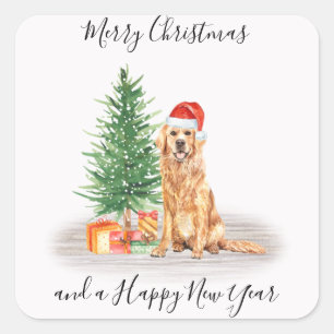 Sticker Carré Golden Retriever Père Noël Chien Joyeux Noël