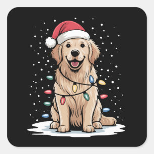 Sticker Carré Golden Retriever Père Noël Lumières de l'Arbre de 