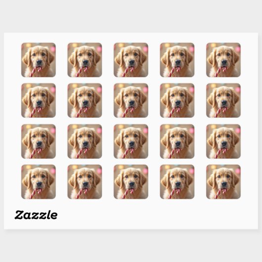 Sticker Carré Golden Retriever Puppy With a Candy Cane (Feuille)