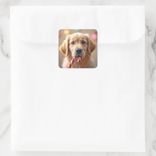 Sticker Carré Golden Retriever Puppy With a Candy Cane (Sac)
