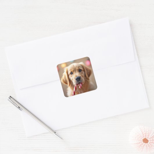 Sticker Carré Golden Retriever Puppy With a Candy Cane (Enveloppe)