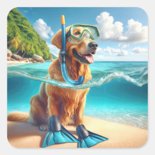 Sticker Carré Golden Retriever Scuba Diver