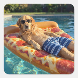Sticker Carré Golden Retriever sur un flotteur de piscine en for