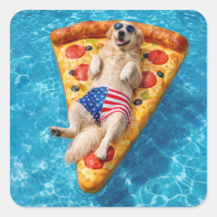 Sticker Carré Golden Retriever sur un matelas pneumatique pizza
