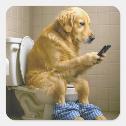 Sticker Carré Golden Retriever Texting on a Toilet (Devant)