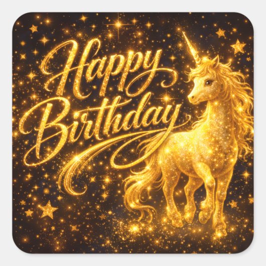 Sticker Carré Golden Stardust Birthday — Fantasy Unicorn (Devant)