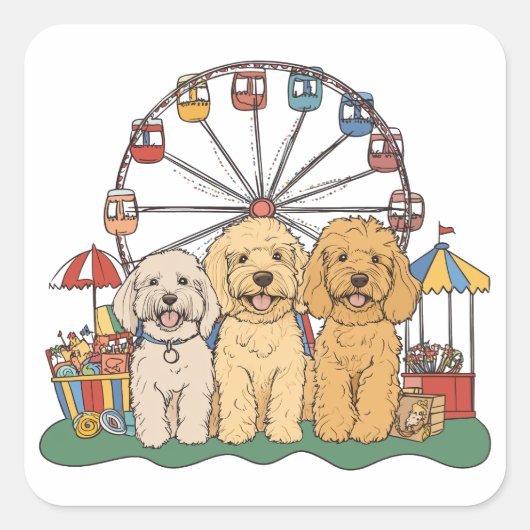 Sticker Carré Goldendoodle Chiens À Un Carnaval (Devant)