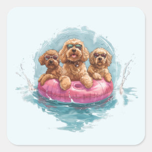 Sticker Carré Goldendoodle Dogs Summer Pineappy Pool Flotte