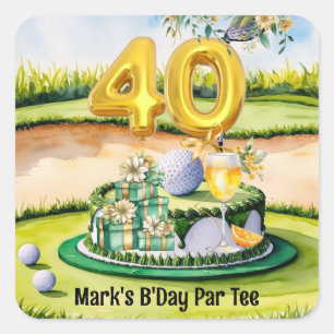 Sticker Carré Golf 40e anniversaire avec gâteau sur le terrain d