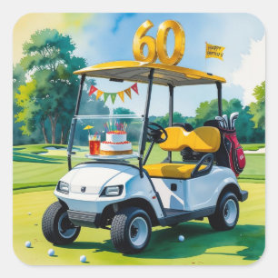 Sticker Carré Golf 60e anniversaire avec voiturette de golf sur