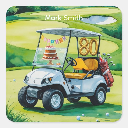 Sticker Carré Golf 80e anniversaire avec voiturette de golf sur (Devant)
