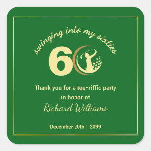 Sticker Carré Golf Classic Vert Joueur Doré 60e Anniversaire In