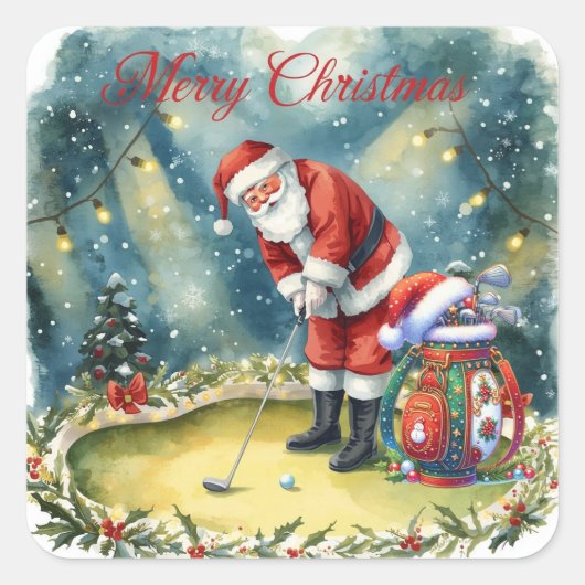 Sticker Carré Golf de Golfer Santa Claus Joyeux Noël (Devant)