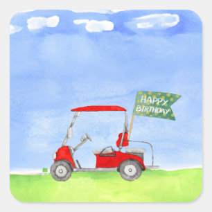 Sticker Carré Golf Joyeux Anniversaire avec voiturette de golf P