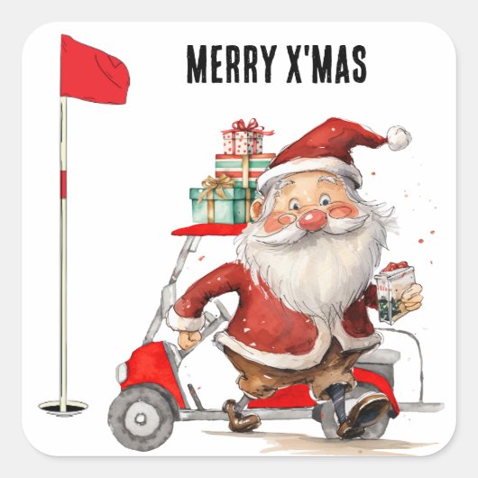 Sticker Carré Golf Joyeux Noël avec Santa Claus Golfer (Devant)