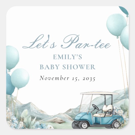 Sticker Carré Golf Let's Par-tee Blue Baby Shower (Devant)