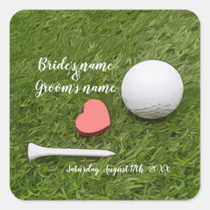 Sticker Carré Golf Mariage balle de golf et tee avec amour vert