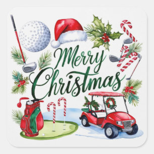 Sticker Carré Golf Noël thème Golfer aquarelle vacances