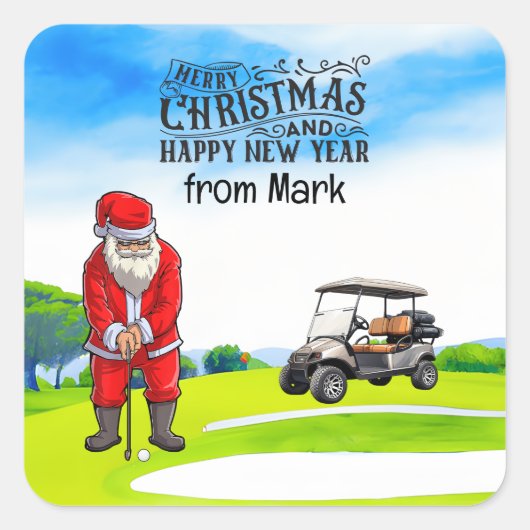 Sticker Carré Golf Santa Claus est golfeur à Noël (Devant)