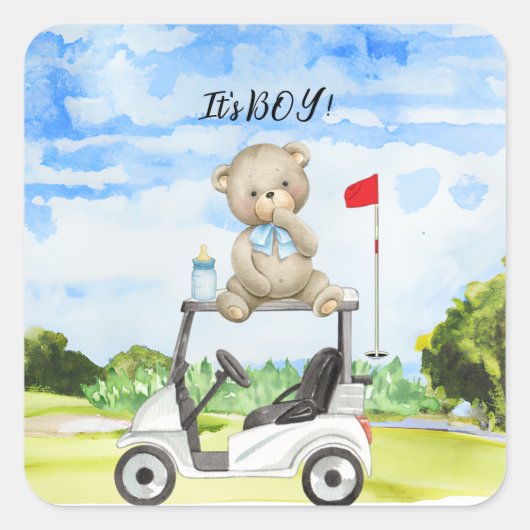 Sticker Carré Golf Teddy Bear It's Boy for Baby shower (Devant)
