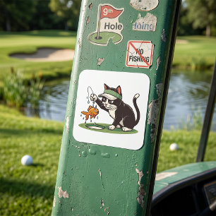 Sticker Carré Golfiste Chat Drôle Pêche Danger d'Eau