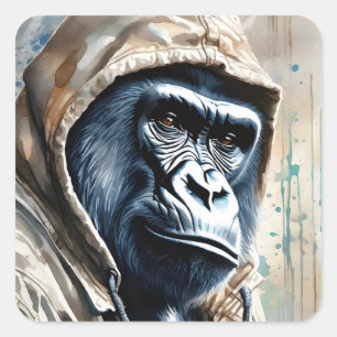 Sticker Carré Gorilla Splatter Art Aquarelle Portrait Pose