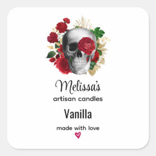 Sticker Carré Goth Crâne avec Fleurs rouges Bougie Business