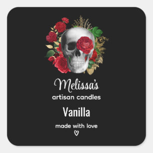 Sticker Carré Goth Crâne avec Fleurs rouges Bougie Business