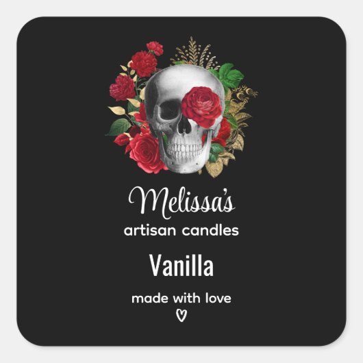 Sticker Carré Goth Crâne avec Fleurs rouges Bougie Business (Devant)