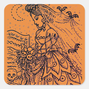 STICKER CARRÉ GOTH HALLOWEEN BRIDE, BATS, VOILE, BOUQUET DE JUIL