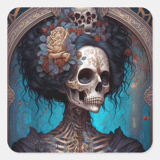 Sticker Carré Goth Skeleton Skull Woman Gothique (Devant)