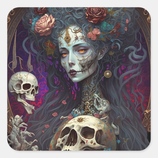 Sticker Carré Goth Skull Zombie Femme Gothique (Devant)