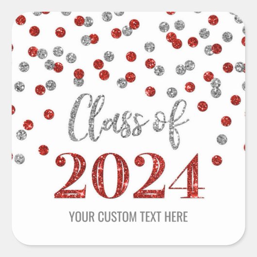 Sticker Carré Graduation Argent Rouge Confetti 2024 (Devant)